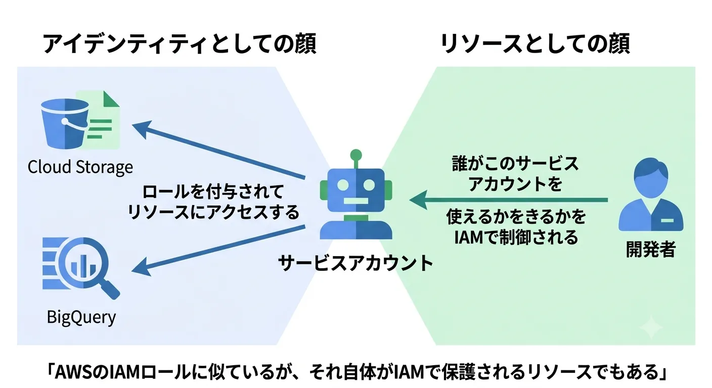 サービスアカウントの二面性(アイデンティティとしての顔とリソースとしての顔)の図